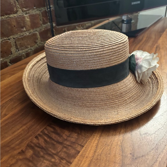 Patricia Underwood Tan and Cream Wide-Brimmed Hat with Floral Accents - Picture 2 of 4